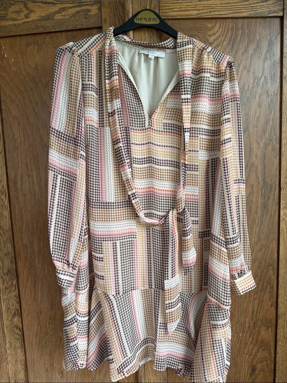 Loft Pink Tan Plaid Tie-Neck Casual Dress